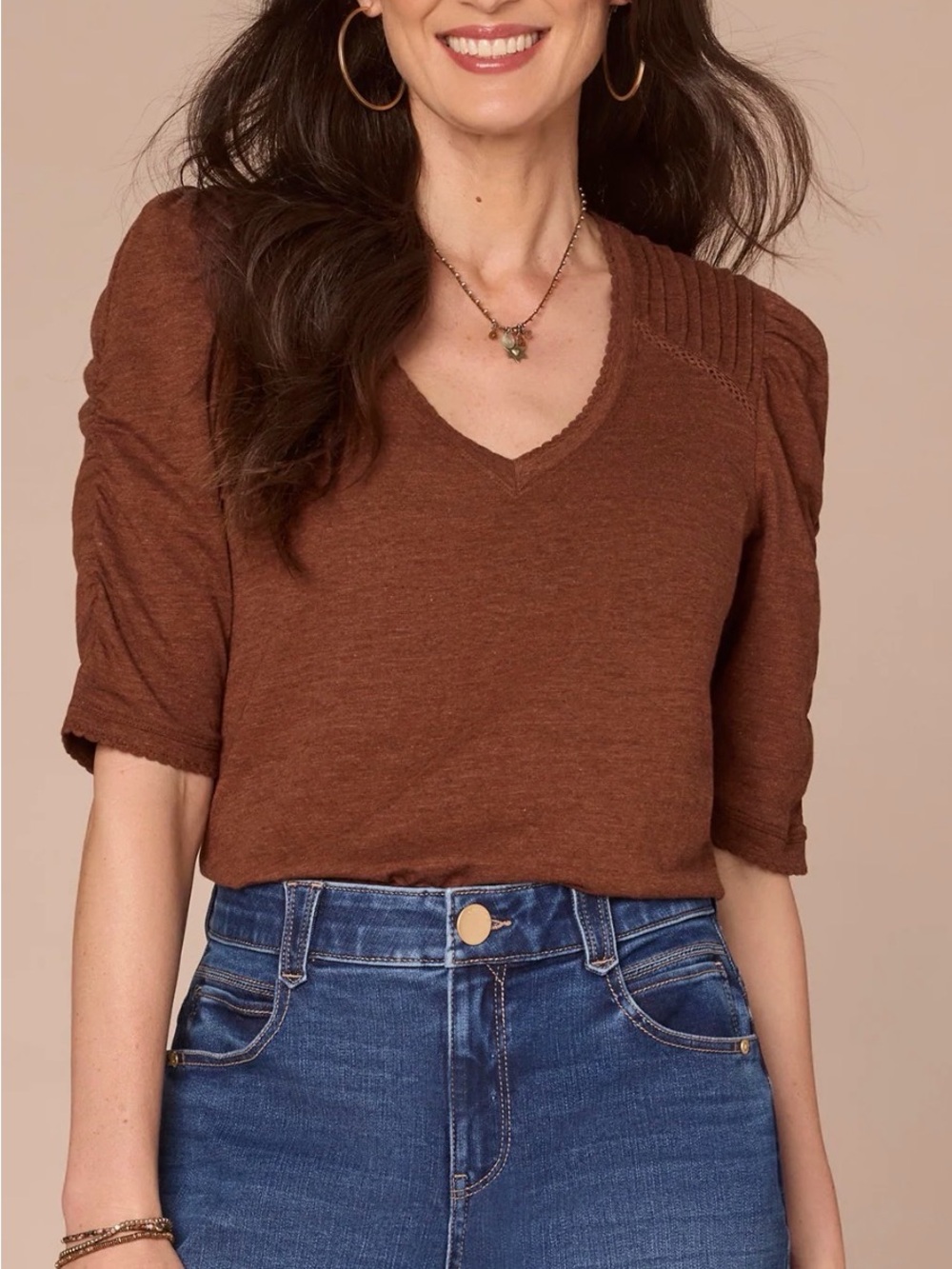 Democracy Brown Elbow Puff Sleeve Pintuck Crochet Knit V-Neck Top size medium